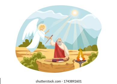Religion, christianity, Bible concept. Old Testament biblical Genesis religious series. Abraham christian jewish character sacrifices son Isaac for God as test of faith angel comes for stopping him.