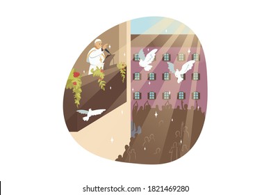 Religion, christianity, bible, rome, world peace day concept. Roman pope priest preacher religious character reading sermon to people flock parish with flying pigeons as peaceful symbol illustration