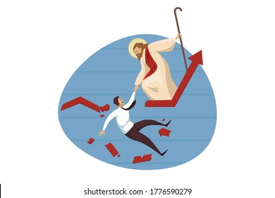 Religion, christianity, business concept. Jesus Christ son of God carrying young businessman manager helping from falling down. Divine support from failure bankruptcy and financial crisis illustration