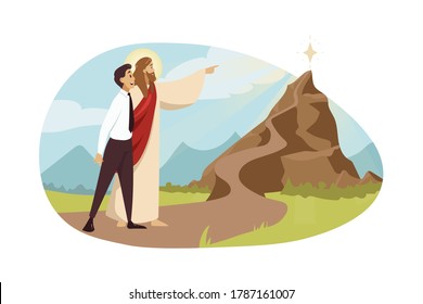 Religion, christianity, business, support, success concept. Jesus Christ son of God leading young happy businessman to shining tar on mountain top. Heaven blessing help goal achievement illustration.