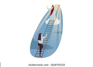 Religion, christianity, business, support, success concept. Jesus Christ son of God messiah leading young happy businesswoman climbing on ladder to shining star. Heaven blessing help goal achievement.