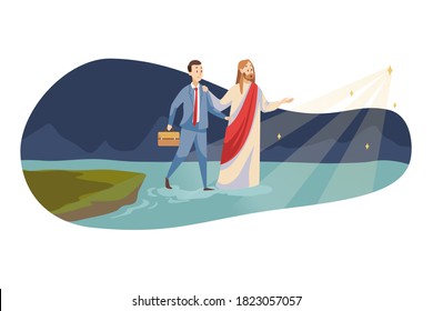 Religion, christianity, business, support, success concept. Jesus Christ son of God messiah leading young happy businessman walking on water to shining star. Heaven blessing help and goal achievement.