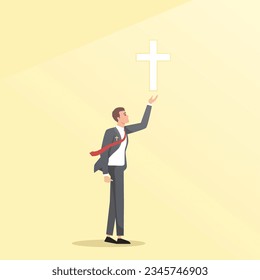 Religión, cristiandad, negocios, apoyo, concepto de éxito. Jesucristo hijo de Dios llevando a un joven y feliz hombre de negocios a brillar. Ilustración vectorial plana aislada en fondo blanco