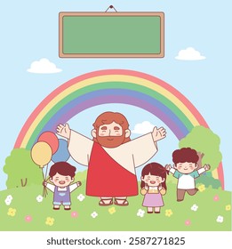 religion, Christianity, Christ, field, spring, rainbow, children, children's day, children, characters,
