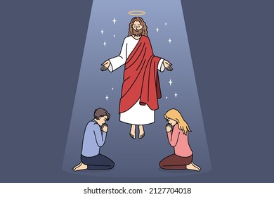 Religion and Christianity education concept. Kind smiling Jesus in red clothing flying over sitting and praying people taking care of them vector illustration 