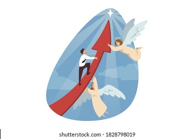 Religion, christianity, support, startup, goal achievement concept. Angels biblical character helping businessman manager climbing on red arrow to shining star. Divine assistance and reaching purposes