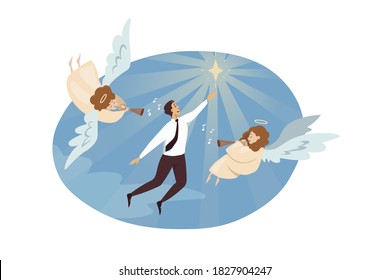 Religion, christianity, support, success, goal achievement concept. Angels biblical characters playing on pipes glorifying young businessman clerk manager flying to star. Divine startup assistance.