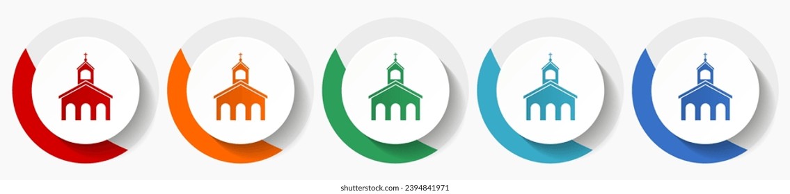 Religion, church vector icon set, flat design colorful round icons in 5 color options for webdesign and mobile applications