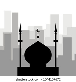 Religion in the city. Black icon of the mosque against the background of city skyscrapers