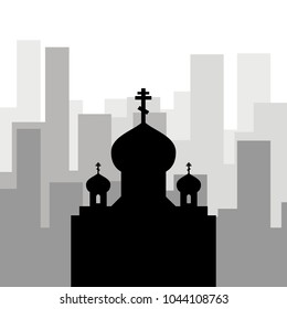 Religion in the city. Black icon of the orthodox church against the background of city skyscrapers