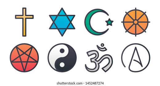 Religion collection color line icon. Christianity, Islam, Hinduism, Buddhism, Taoism, Shinto, Sikhism and Judaism. Concept for web page, presentation, social media. Isolated vector illustration.