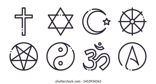 Religion collection line icon. Christianity, Islam, Hinduism, Buddhism, Taoism, Shinto, Sikhism and Judaism. Concept for web page, presentation, social media. Isolated vector illustration.