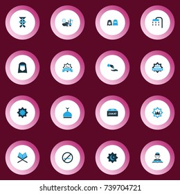 Religion Colorful Icons Set. Collection Of Person, Zakat, Cigarette Forbidden And Other Elements. Also Includes Symbols Such As Woman, Halal, Islam.
