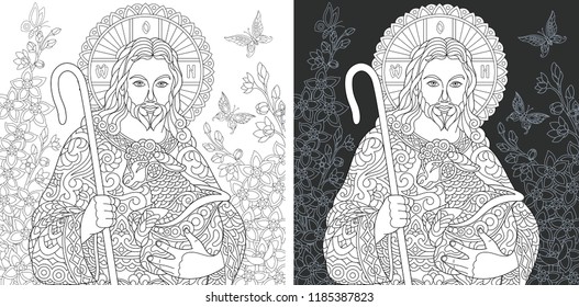 Religion. Coloring Page. Coloring Book. Colouring picture with Jesus Christ drawn in zentangle style. Antistress freehand sketch drawing. Vector illustration.