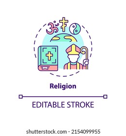 Religion concept icon. Belief and worship. Social-cultural system. Social institution abstract idea thin line illustration. Isolated outline drawing. Editable stroke. Arial, Myriad Pro-Bold fonts used