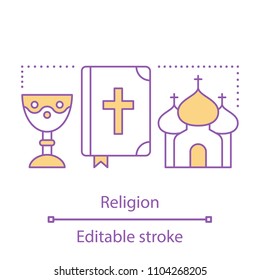 Religion concept icon. Christianity idea thin line illustration. Church, chalice and Holy Bible. Vector isolated outline drawing. Editable stroke