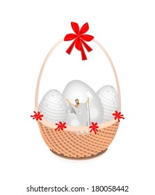 Religion Concept, Vector Illustration of Traditionally Easter Egg on A Beautiful Wicker Basket with Red Bow Isolated on White background. 