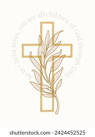 Religion Cross with branch and christian quote. Religious symbol for design of church holidays. Vector illustration.