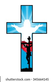 Religion Cross with crucifixion and resurrection of Jesus -Vector illustration 
