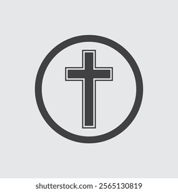 Religion cross icon in circle and grey background illustration