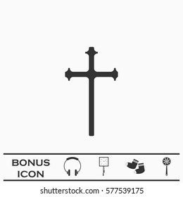 Religion cross icon flat. Black pictogram on white background. Vector illustration symbol and bonus button