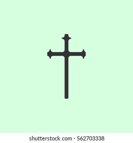 Religion cross icon flat. Grey vector symbol on green background