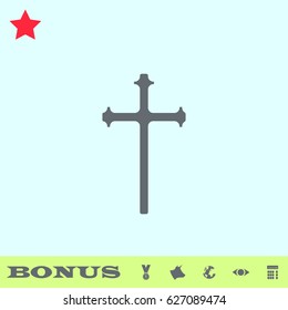 Religion cross icon flat. Grey pictogram on blue background. Vector illustration symbol and bonus buttons medal, cow, earth, eye, calculator