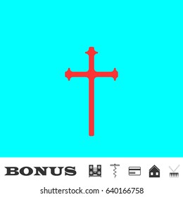 Religion cross icon flat. Red pictogram on blue background. Vector illustration symbol and bonus buttons Music center, corkscrew, credit card, house, drum
