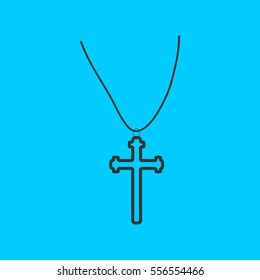 Religion cross icon flat. Simple vector black pictogram on blue background