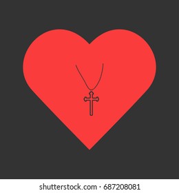 Religion cross icon flat. Simple pictogram on heart background. Vector illustration symbol