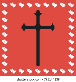 Religion cross icon flat. Simple black pictogram on red background with white hearts for valentines day. Vector illustration symbol