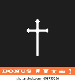 Religion cross icon flat. White pictogram on black background. Vector illustration symbol and bonus button tooth, vase, star, mirror, bottle