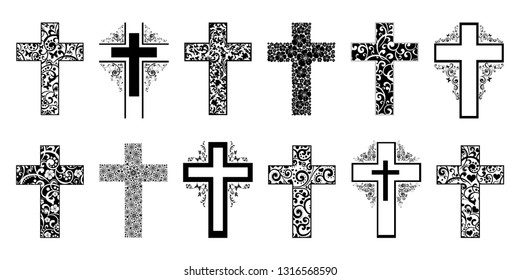 Religion cross icon set isolated on white background.  Big Collection of Christian Symbol design. Decorated crosses signs or ornamented crosses symbols. Vector illustration