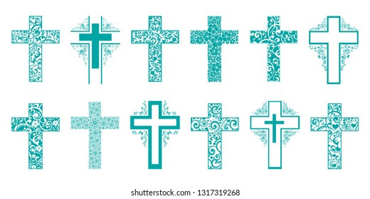 Religion cross icon set isolated on white background.  Big Collection of Christian Symbol design. Decorated crosses signs or ornamented crosses symbols. Vector illustration