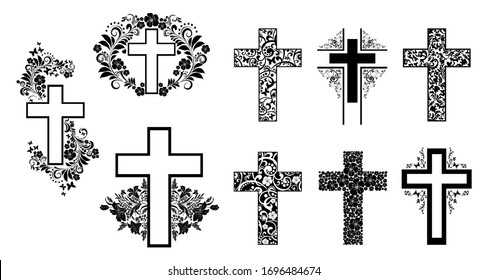 Religion cross icon set isolated on white background.  Big Collection of Christian Symbol design. Decorated crosses signs or ornamented crosses symbols. Vector illustration