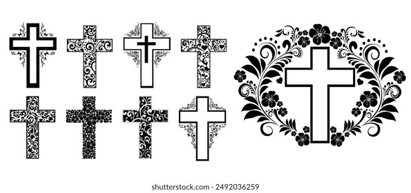 Religion cross icon set isolated on white background.  Big Collection of Christian Symbol design. Decorated crosses signs or ornamented crosses symbols. Vector illustration