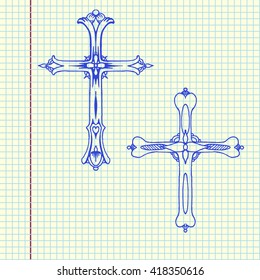 Religion cross icon. Sketch in copy book. Religion education concept. Hand drawn vector stock illustration