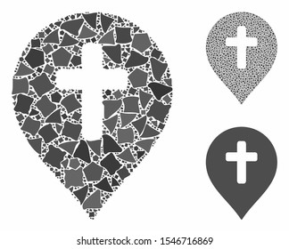 Religion cross marker mosaic of rough pieces in various sizes and color tinges, based on religion cross marker icon. Vector irregular pieces are combined into mosaic.