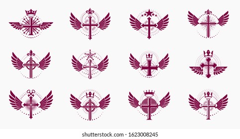 Religion crosses logos big vector set, vintage heraldic Christian emblems collection, classic style heraldry design elements, ancient designs, belief.