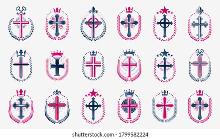 Religion crosses logos big vector set, vintage heraldic Christian emblems collection, classic style heraldry design elements, ancient designs, belief.