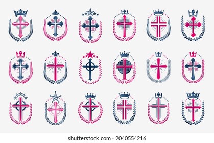 Religion crosses logos big vector set, vintage heraldic Christian emblems collection, classic style heraldry design elements, ancient designs, belief.