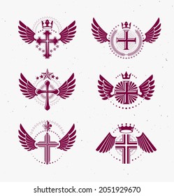 Religion crosses logos big vector set, vintage heraldic Christian emblems collection, classic style heraldry design elements, ancient designs, belief.