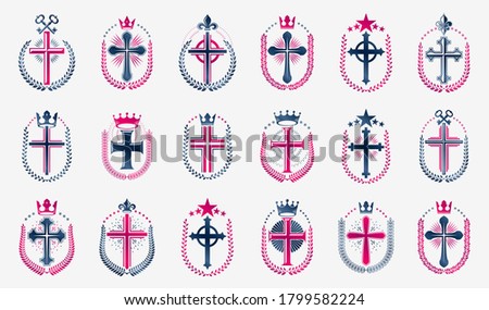 Religion crosses logos big vector set, vintage heraldic Christian emblems collection, classic style heraldry design elements, ancient designs, belief.