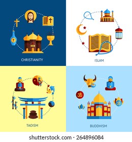 Religion design concept set with christianity islam taoism buddhism flat icons isolated vector illustration