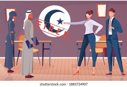 Religion discrimination with fired islamic man and woman flat vector illustration