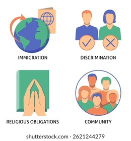 Religião e discriminação conjunto de ícone plano. Ilustração vetorial.