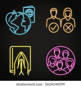 Religião e discriminação neon ícone set. Ilustração vetorial