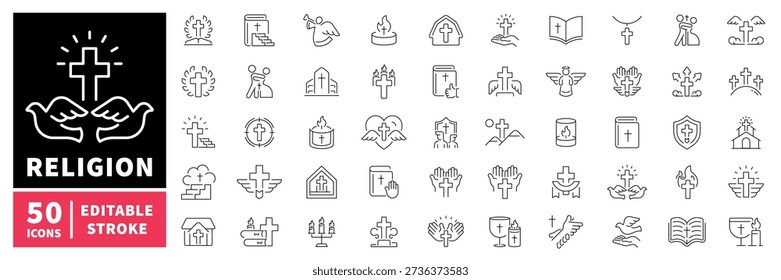 Religion editierbare Linien Icons gesetzt. Glaubens- und Spirituosensymbole