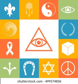 Religion, esoteric and mystery icons colorfull set. Vector illustration
