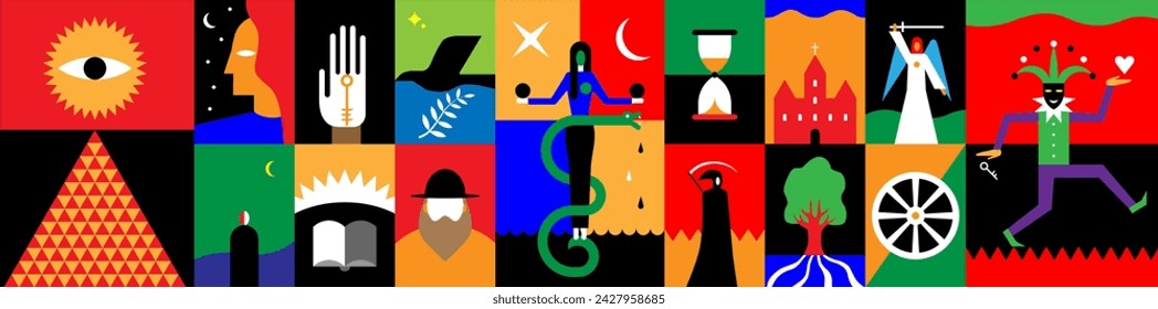  Religion and esoteric symbols illustration, tarot cards ,secret knowledge magic cartoons set